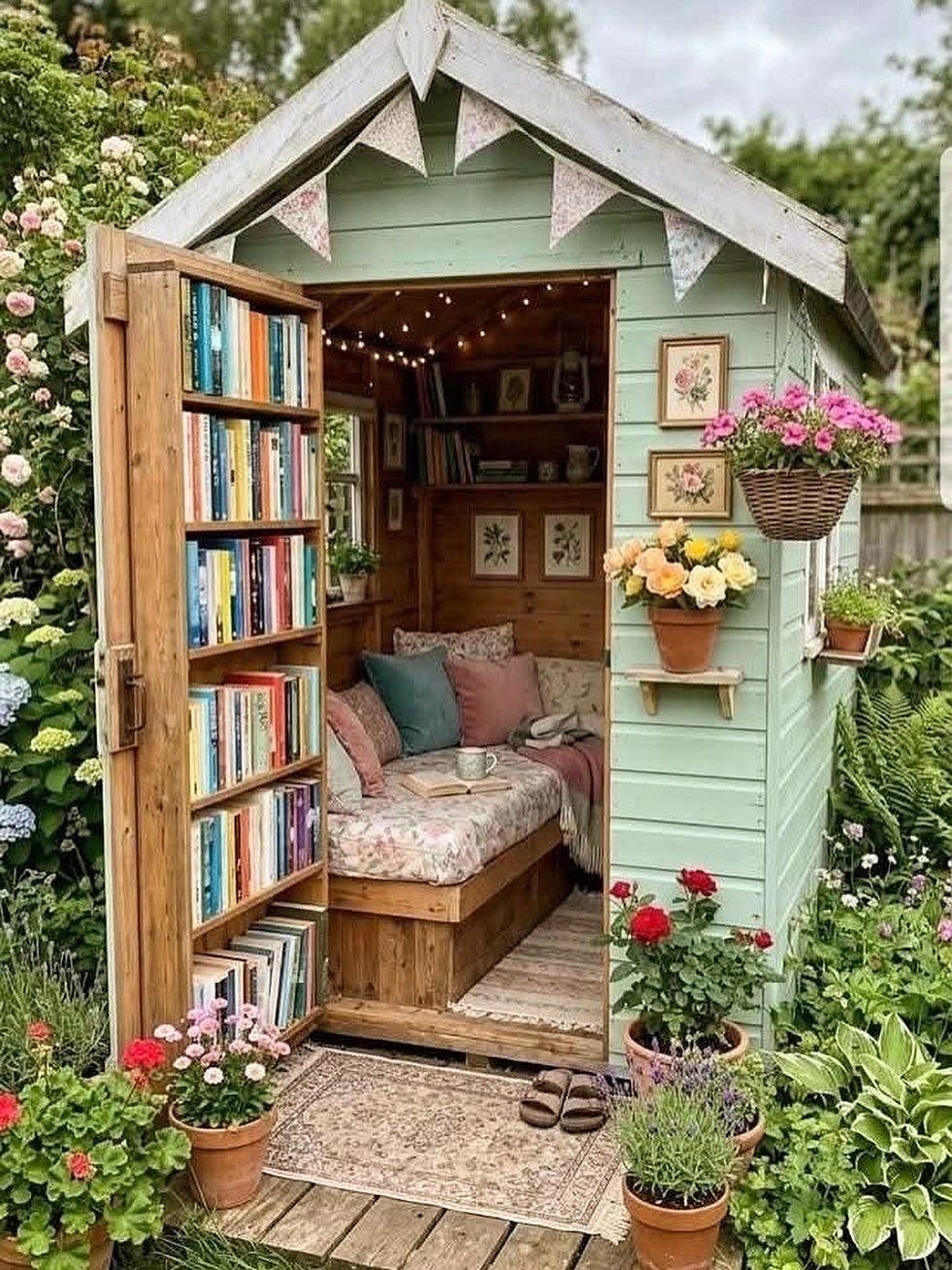 A small green garden shed converted into a cozy reading nook with bookshelves and a daybed.