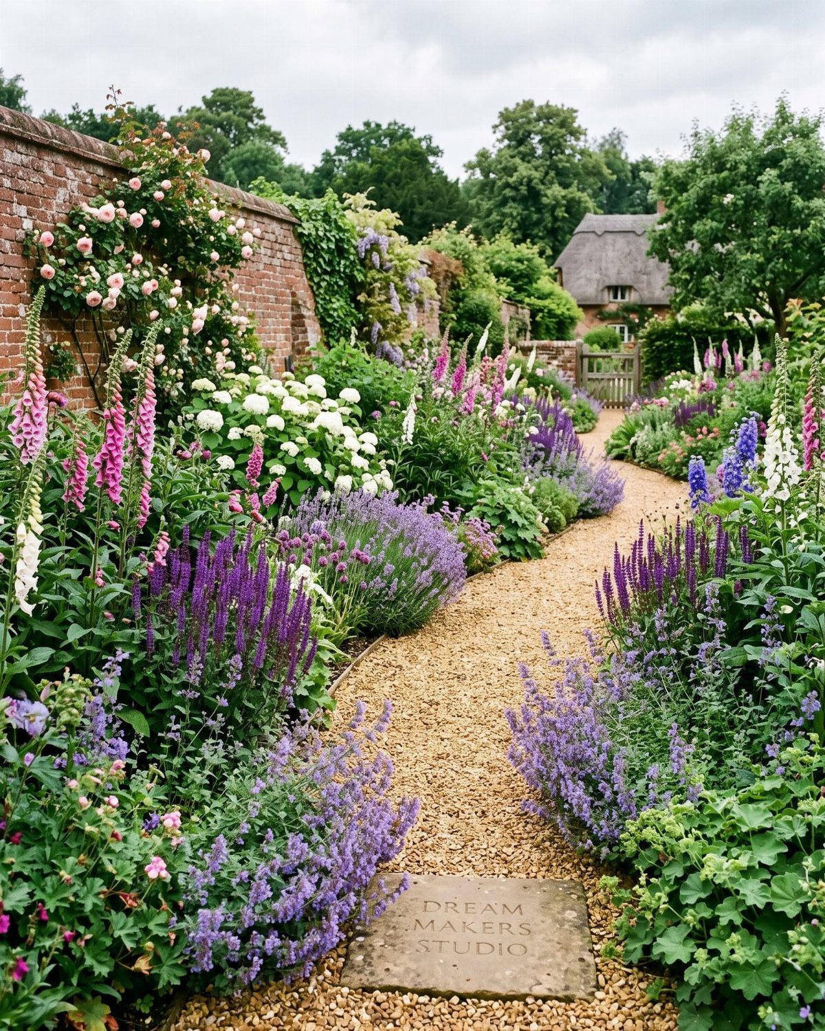 A gravel path winds through a vibrant cottage garden filled with colorful blooming flowers and greenery.