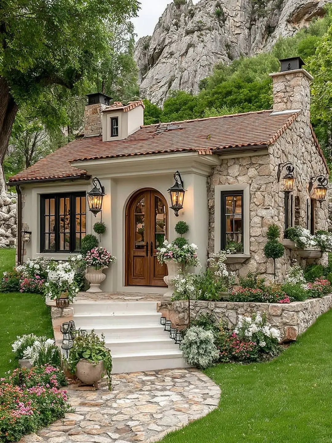 A stone cottage surrounded by lush green shrubs and white flowering plants near stone steps.