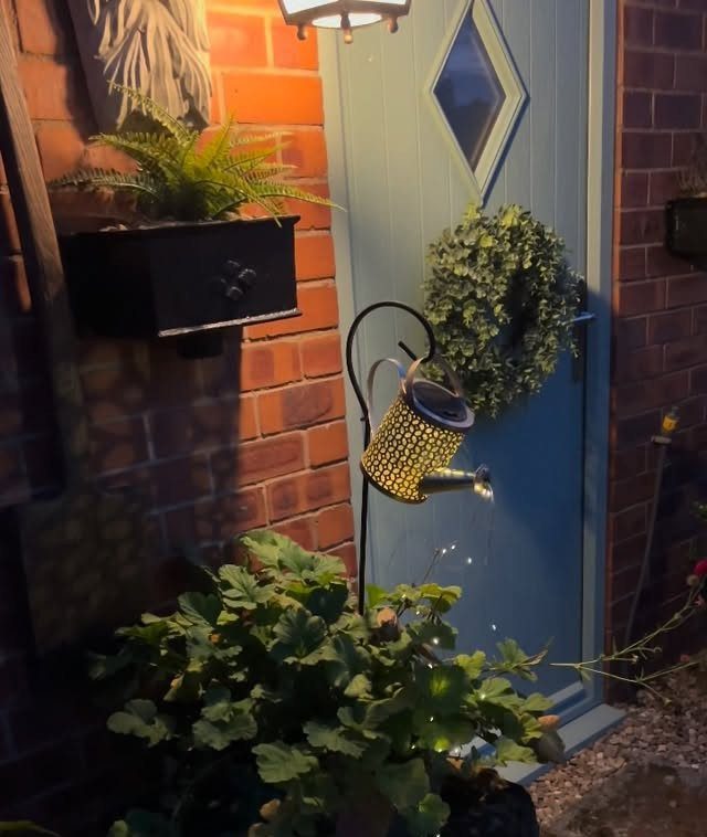 Small lights glowing among green plants in front of a blue door and brick wall.