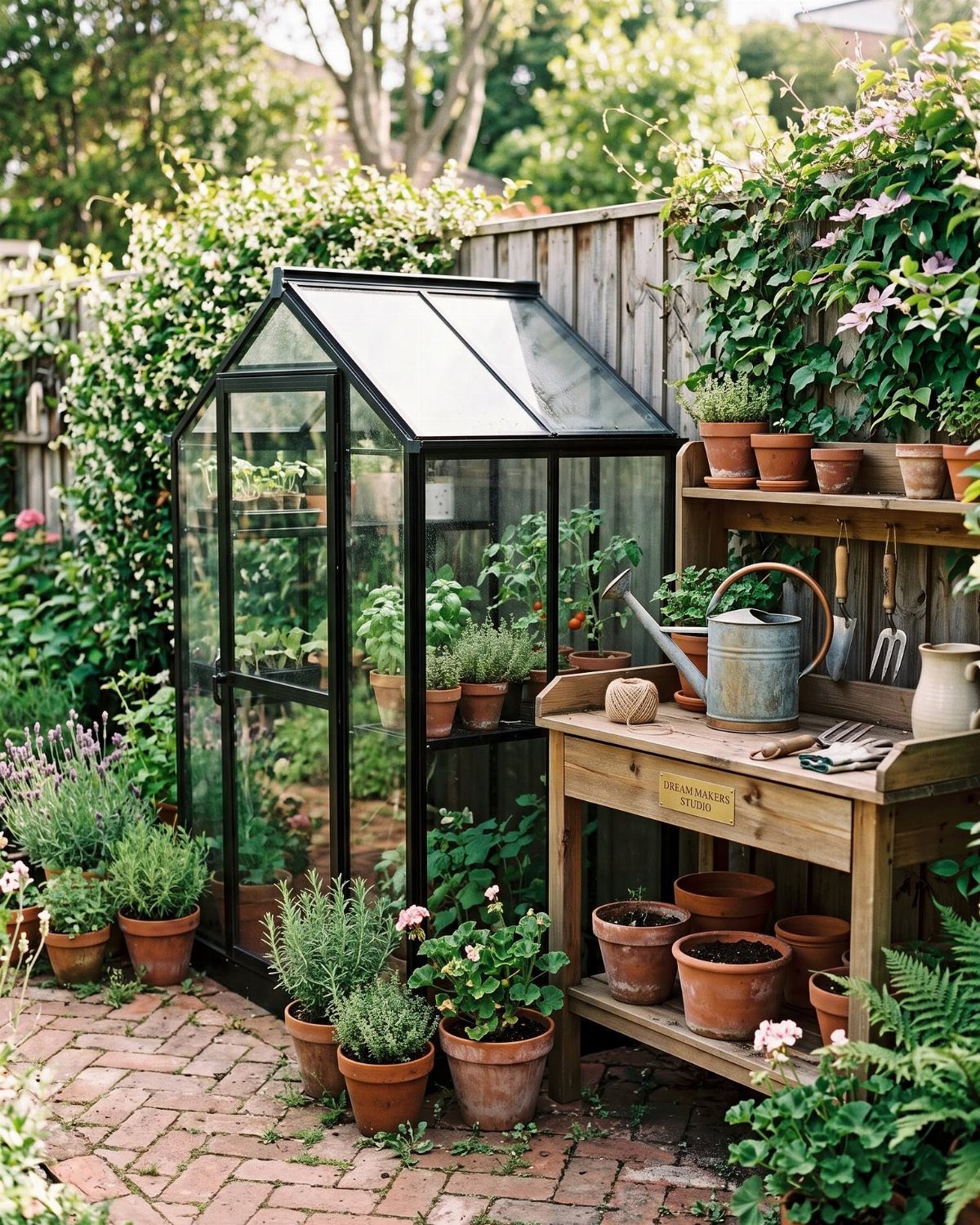 A black metal greenhouse and wooden potting bench surrounded by many terracotta plant pots on brick.