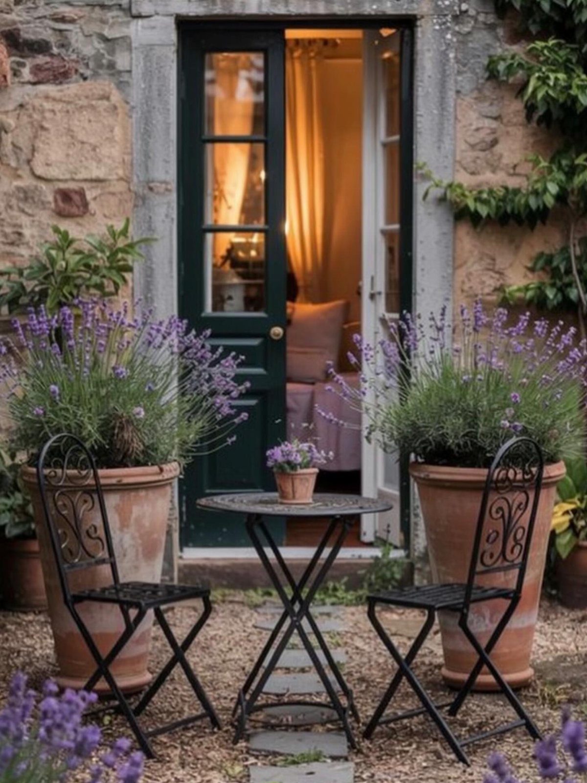 Black wrought iron bistro set and lavender in terracotta pots on a gravel patio.