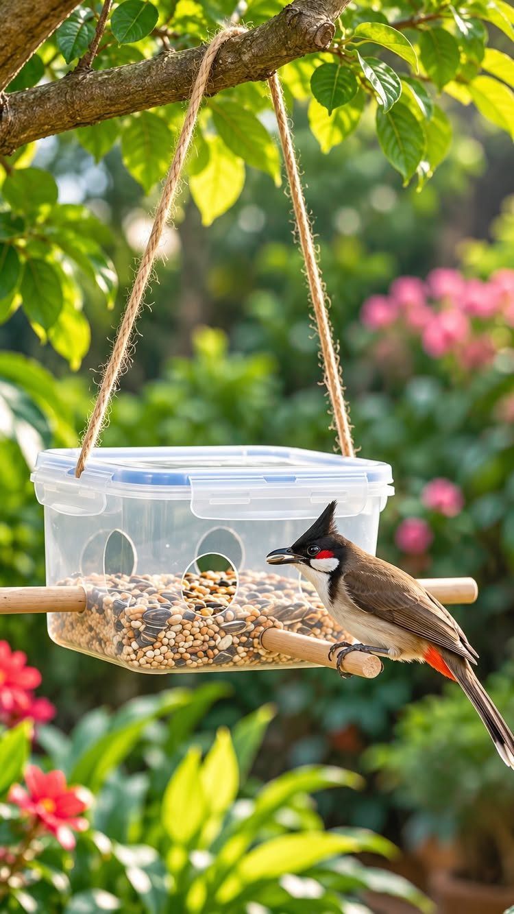 17 Small Front Yard Landscape Ideas with Photo Inspiration 14 A bird perched on a clear plastic seed feeder hanging from a tree branch.