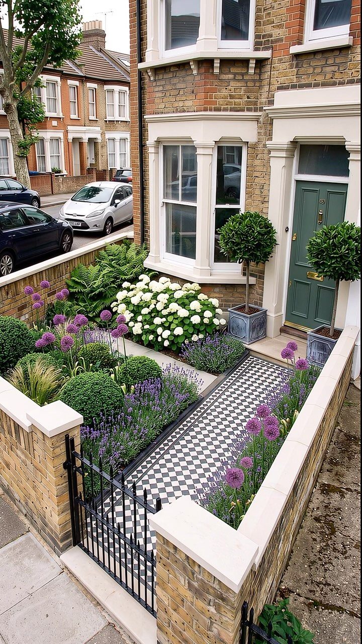 17 Small Front Yard Landscape Ideas with Photo Inspiration 16 A small front yard garden with white hydrangeas, purple flowers, and a checkered path leading to a house.
