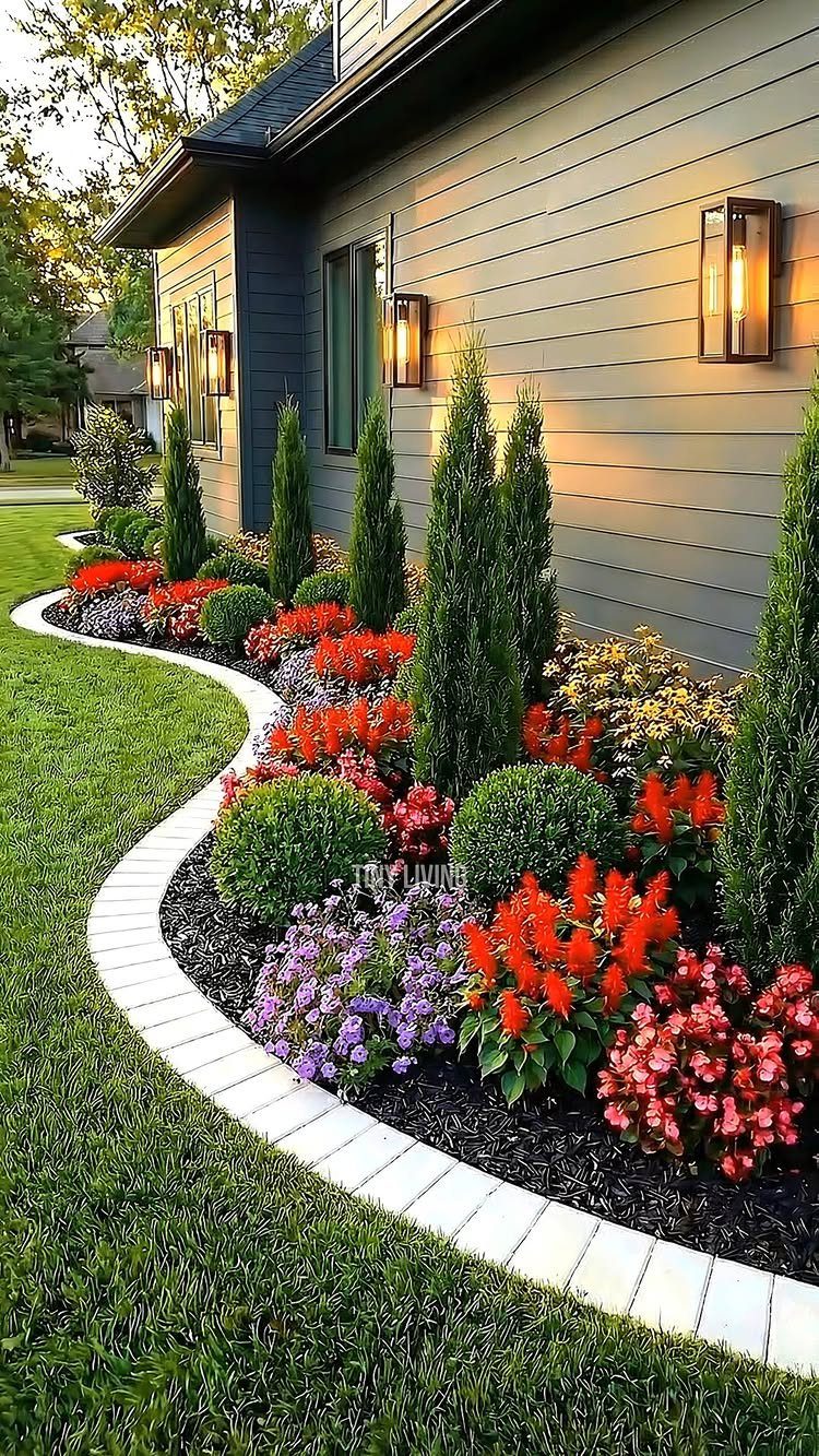 17 Small Front Yard Landscape Ideas with Photo Inspiration 15 A curved garden bed with colorful flowers, green shrubs, and tall evergreens along a grey house wall.