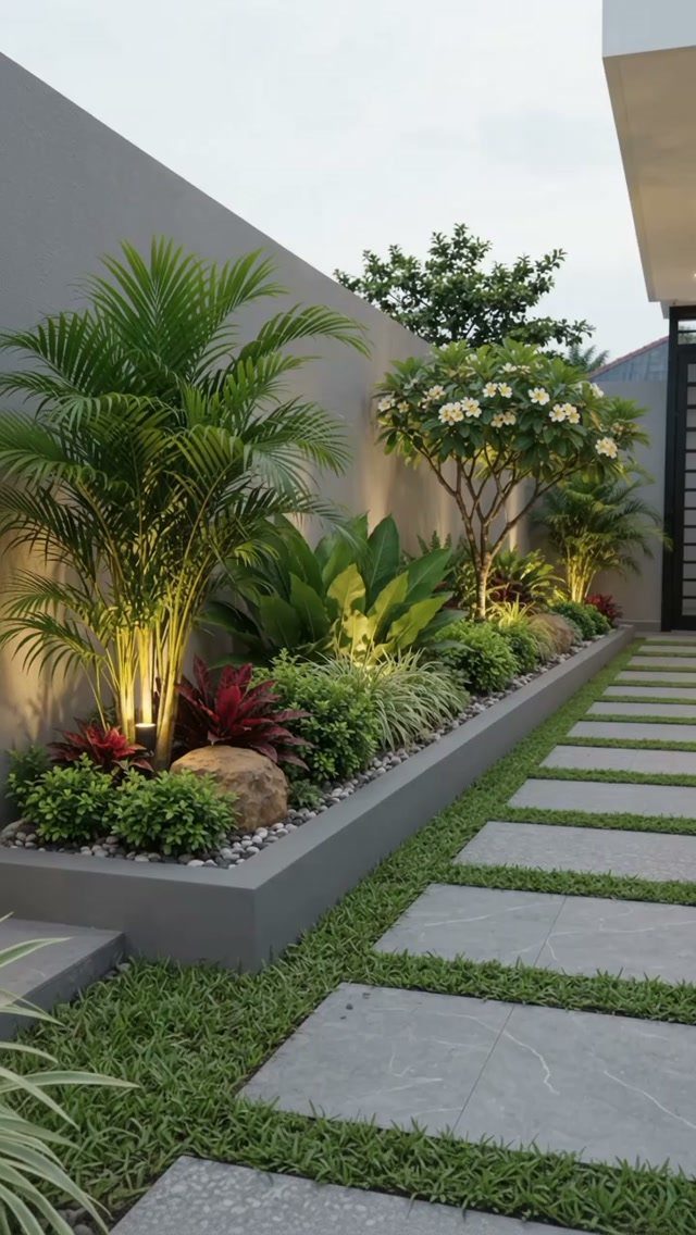 17 Small Front Yard Landscape Ideas with Photo Inspiration 5 Tropical plants and shrubs growing in a raised grey concrete landscape border with warm uplighting.