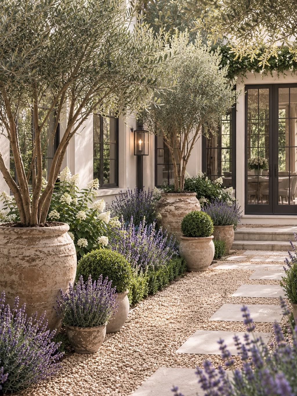17 Small Front Yard Landscape Ideas with Photo Inspiration 9 Layered potted olive trees, lavender, and shrubs lining a gravel garden path with stone pavers.