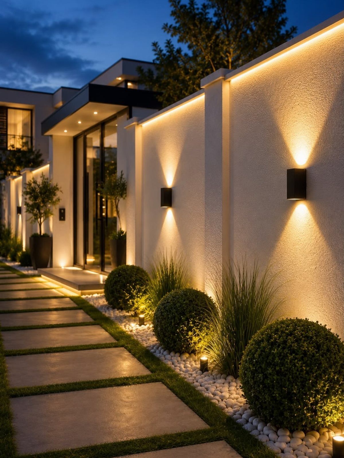 17 Small Front Yard Landscape Ideas with Photo Inspiration 13 Modern house exterior at dusk with warm outdoor lighting illuminating a stone pathway and manicured shrubs.