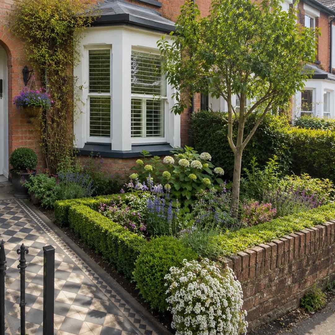 17 Small Front Yard Landscape Ideas with Photo Inspiration 3 A small green tree growing in a manicured garden bed next to a brick house.