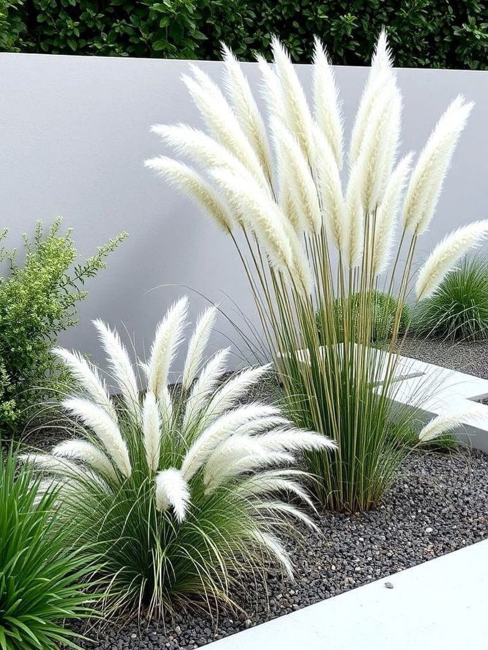 17 Small Front Yard Landscape Ideas with Photo Inspiration 11 Two ornamental pampas grass plants with white feathery plumes growing in a gravel garden bed.