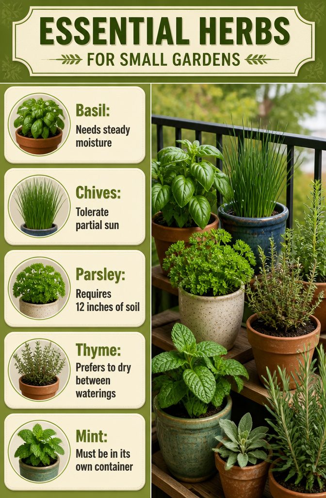 List of essential herbs suitable for small gardens.