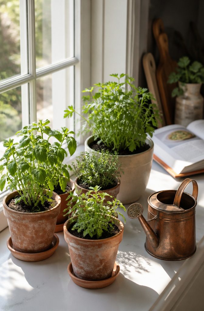 Terracotta pots with basil, thyme, oregano, and parsley on a windowsill.