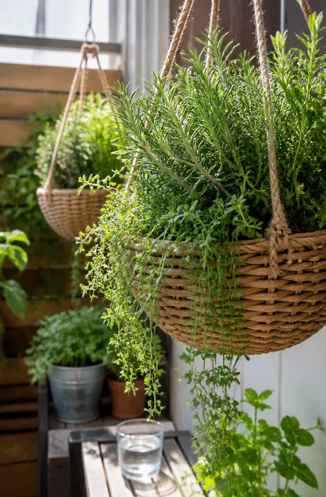 Hanging baskets with creeping thyme and trailing rosemary.
