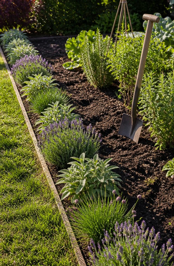Garden bed bordered by lavender, dwarf sage, and chives.