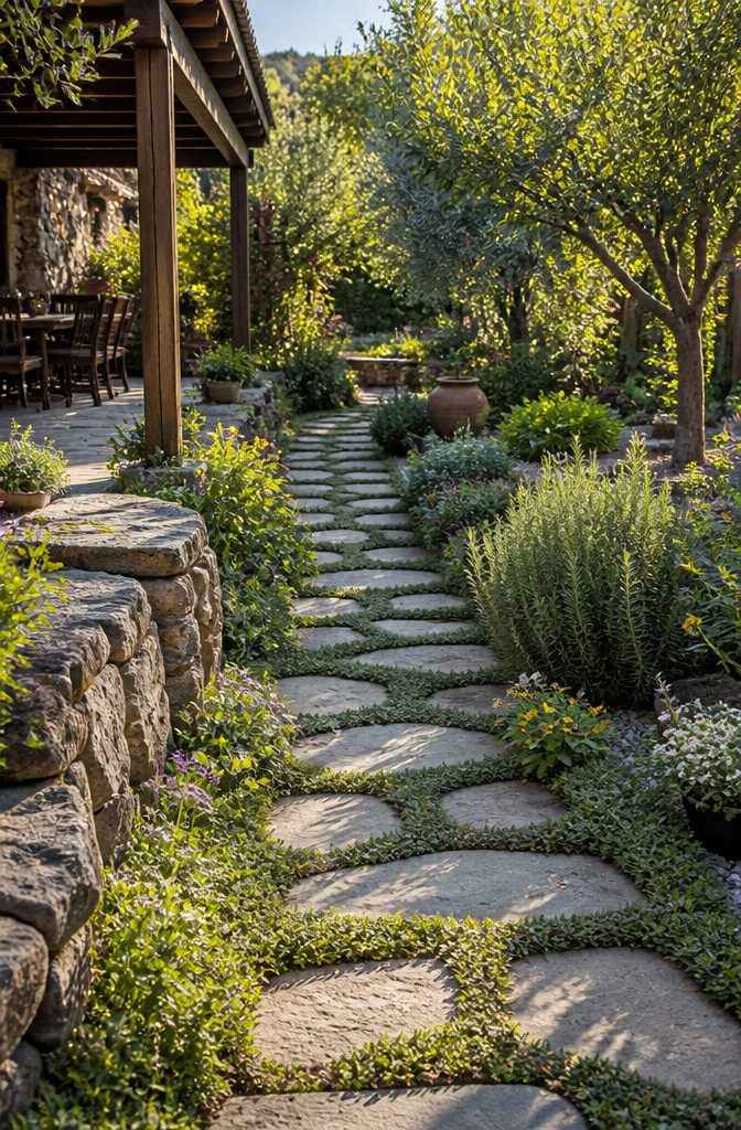 Pathway lined with thyme and other herbs between stones.