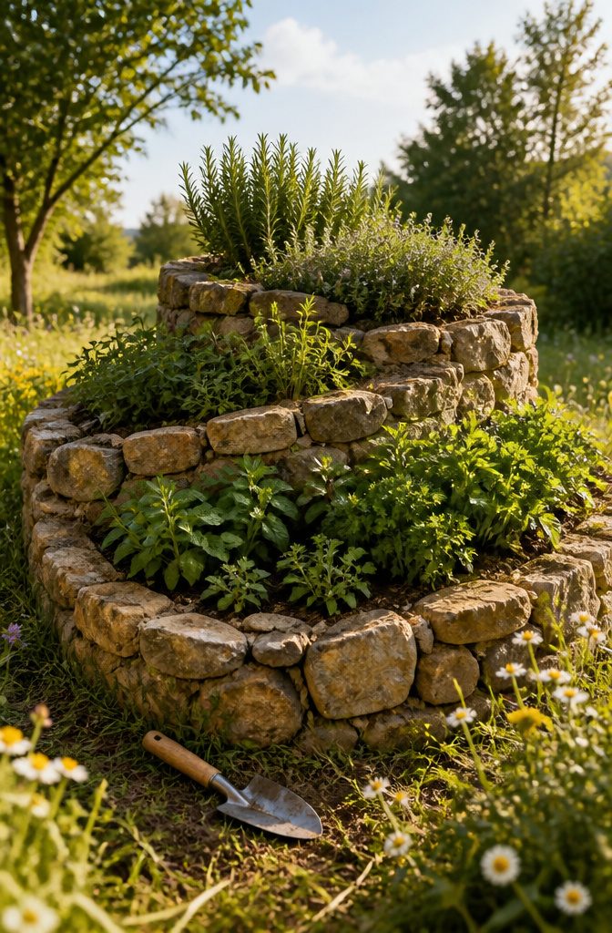 A spiral garden made of stone with herbs planted at different heights.