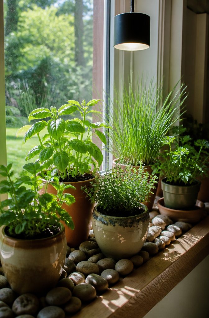 Indoor herb pots arranged on a bright south-facing windowsill.