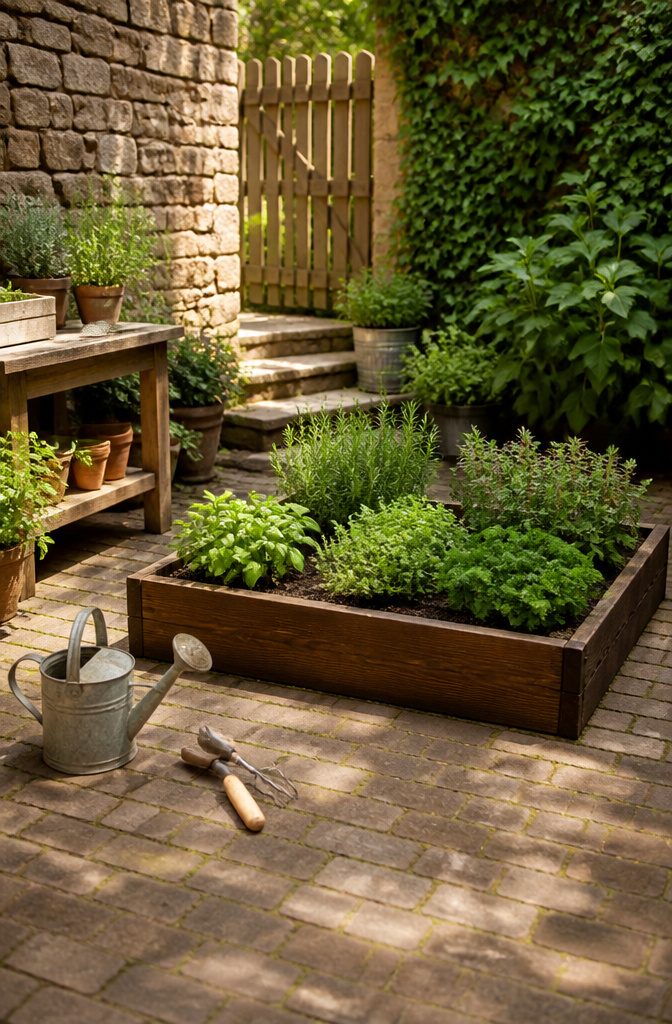 Wooden raised beds filled with different herbs.