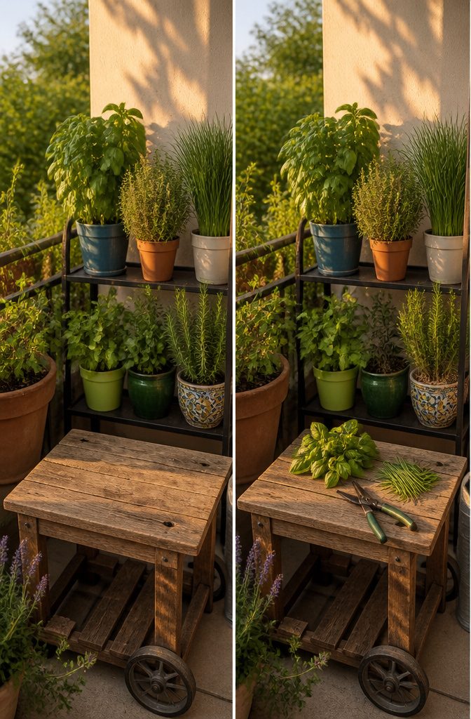 Person pinching basil to promote growth in a small garden.