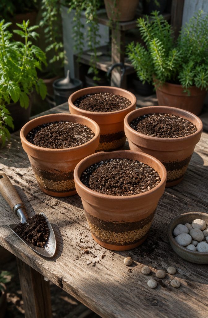 Pots arranged on a table with a layered potting mix.