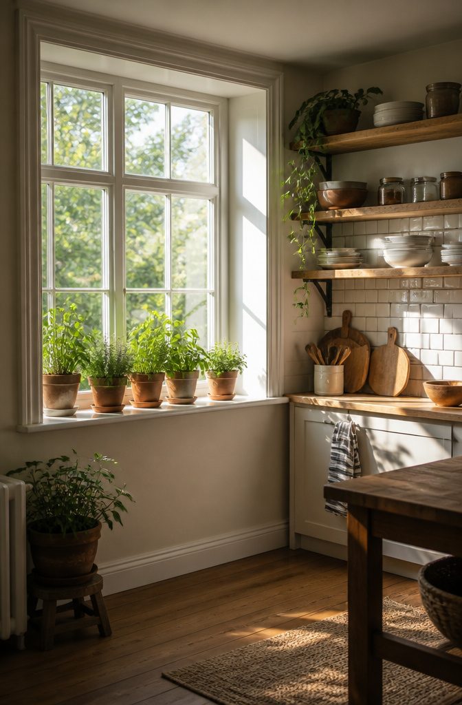 Sunlight filtering through a garden area with herbs.