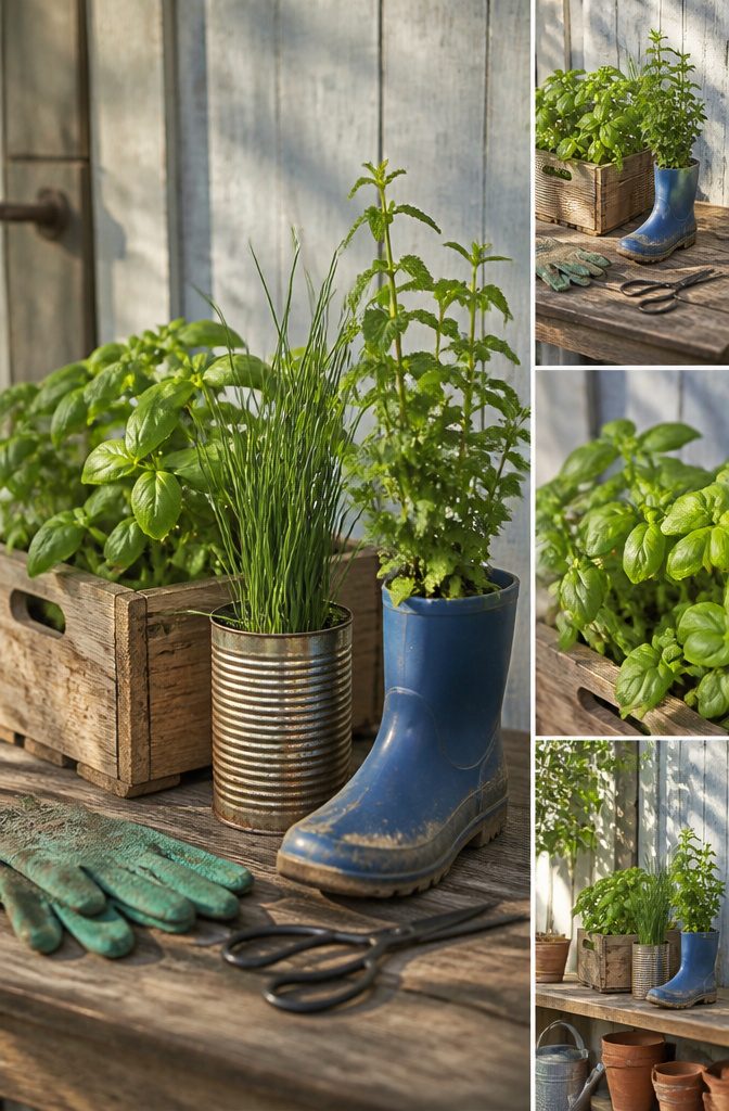 Various upcycled containers used for planting herbs.