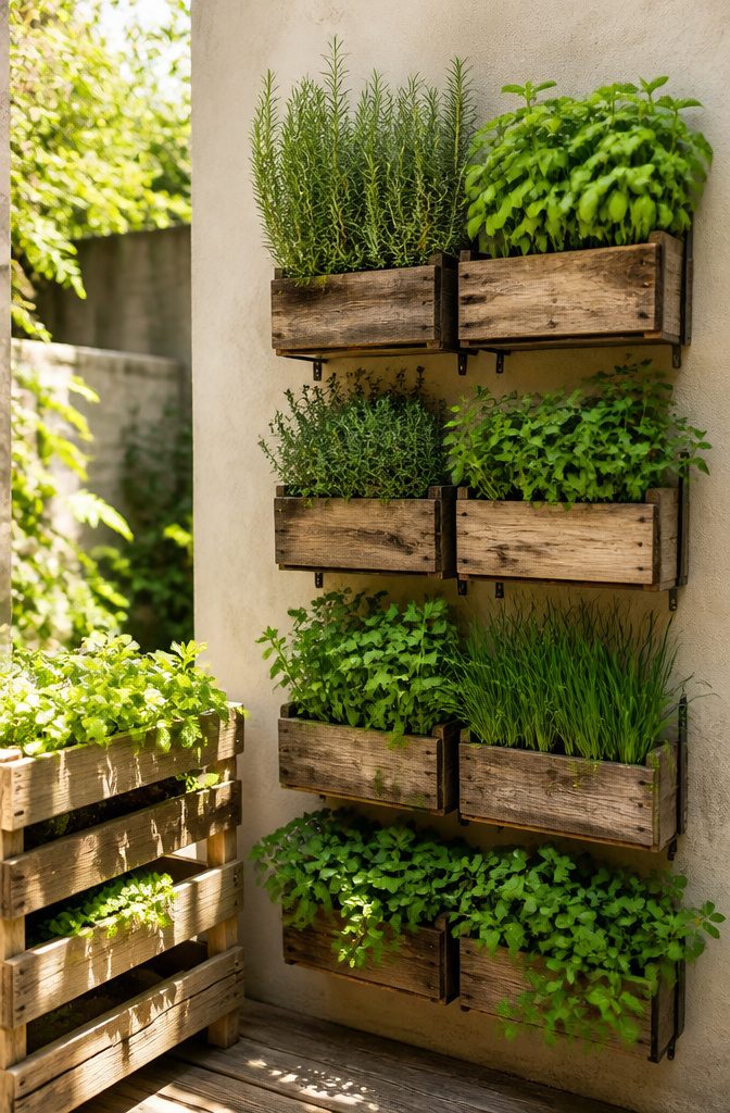 Wall-mounted planters with herbs arranged in tiers.
