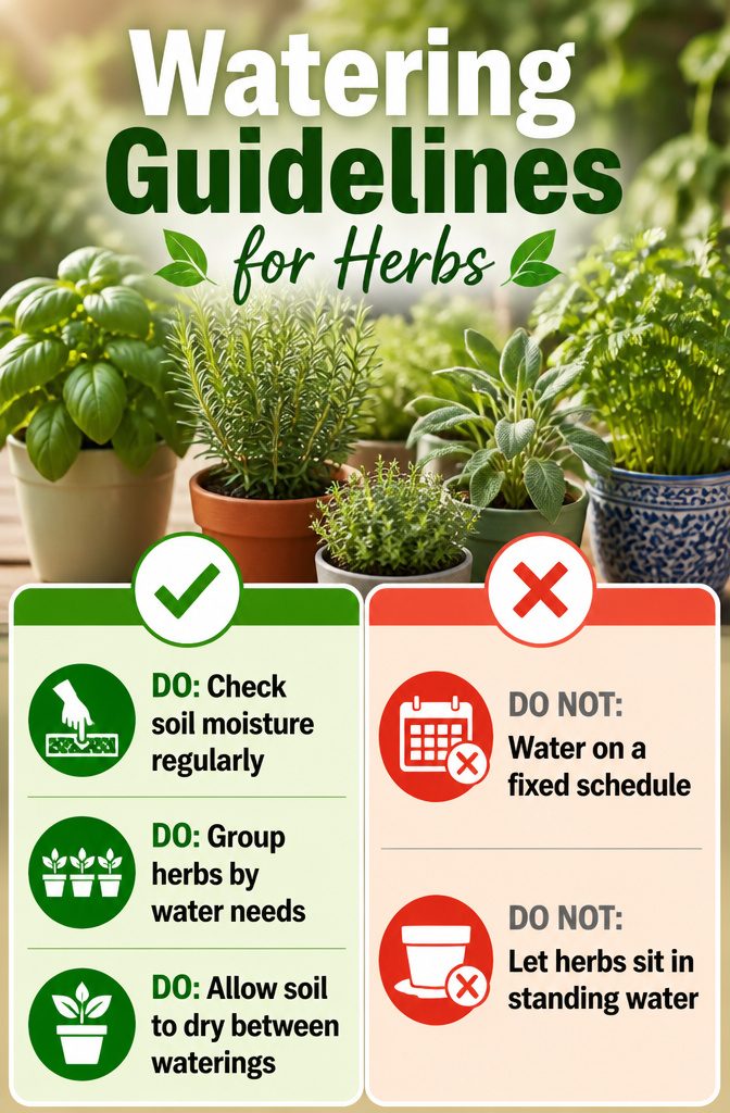 Guidelines for watering herbs displayed visually.