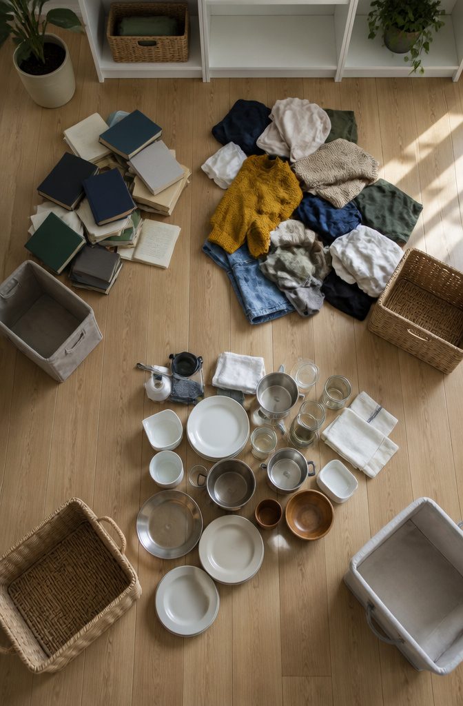 20 Small House Organization Ideas for a Tidier 2026 17 A living room floor covered with books for decluttering.