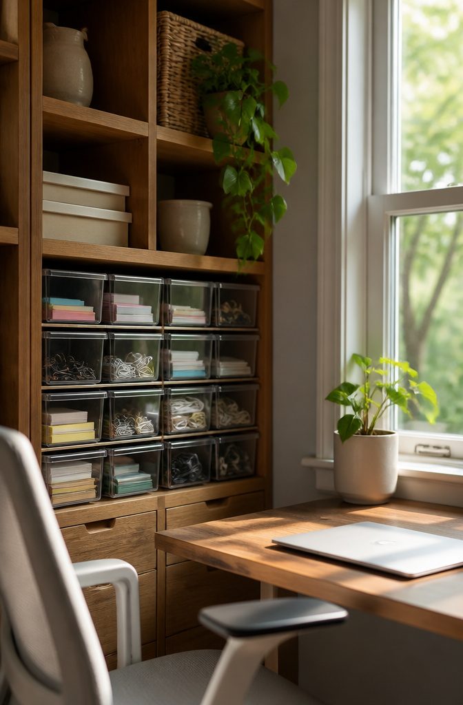20 Small House Organization Ideas for a Tidier 2026 13 Clear bins with labels for organizing office supplies.