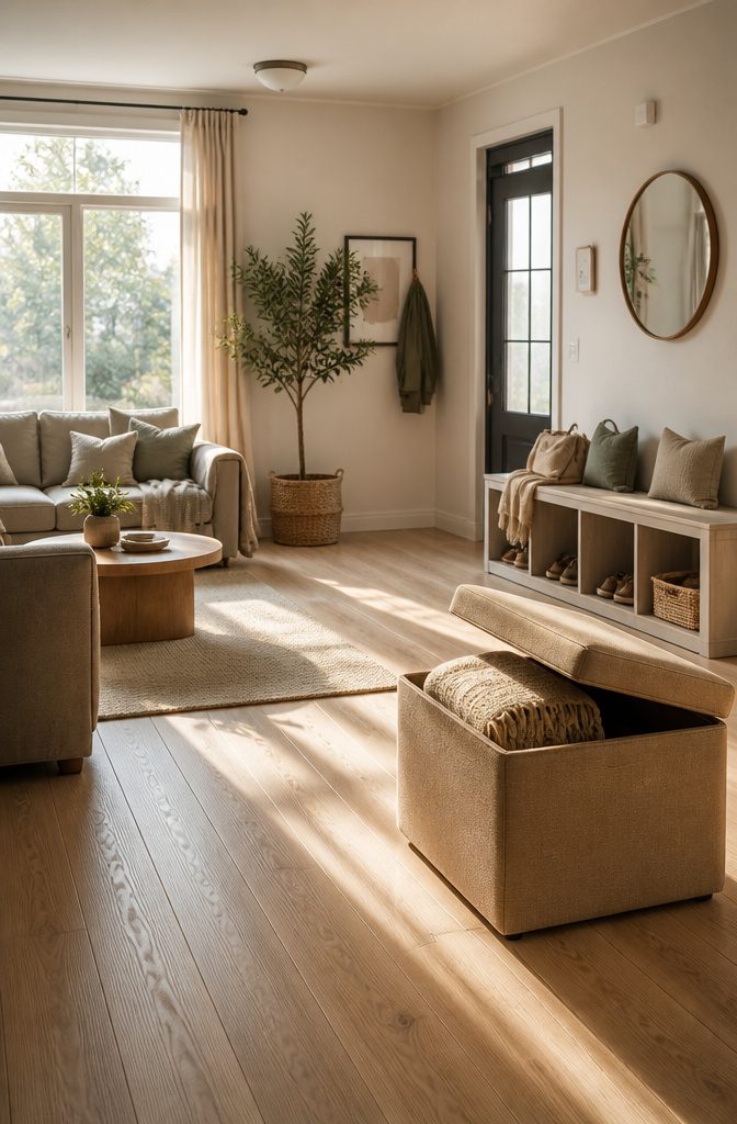 20 Small House Organization Ideas for a Tidier 2026 3 A storage ottoman with compartments in a living room.