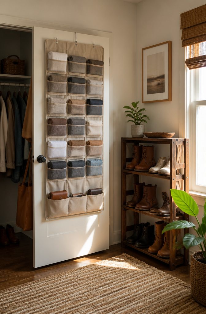20 Small House Organization Ideas for a Tidier 2026 5 A door-mounted organizer with mesh pockets for clothing.