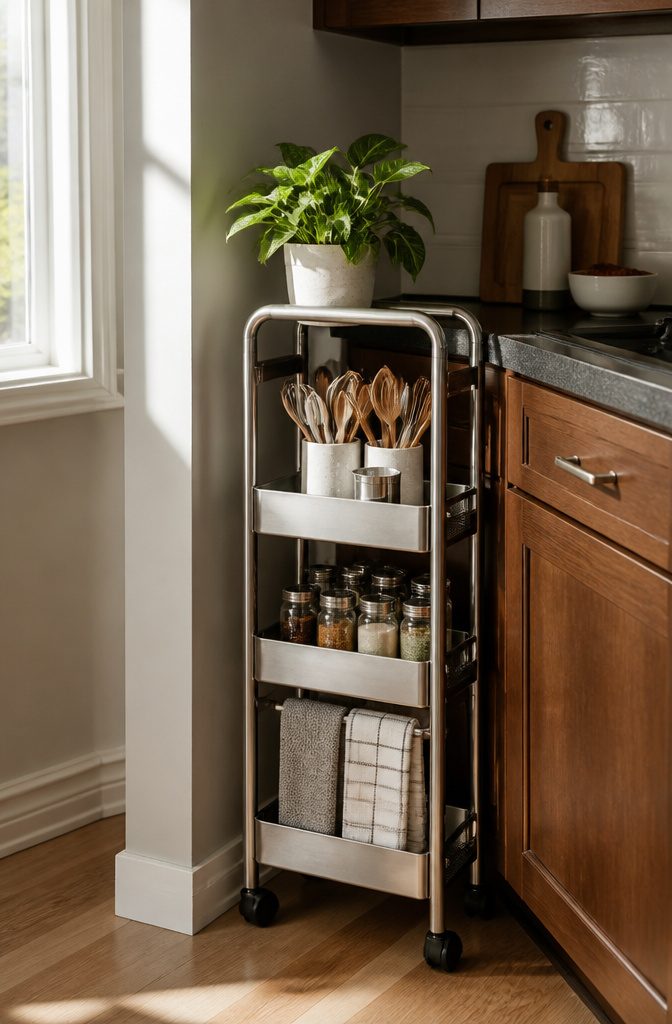 20 Small House Organization Ideas for a Tidier 2026 9 A three-tier rolling cart with kitchen utensils and spices.