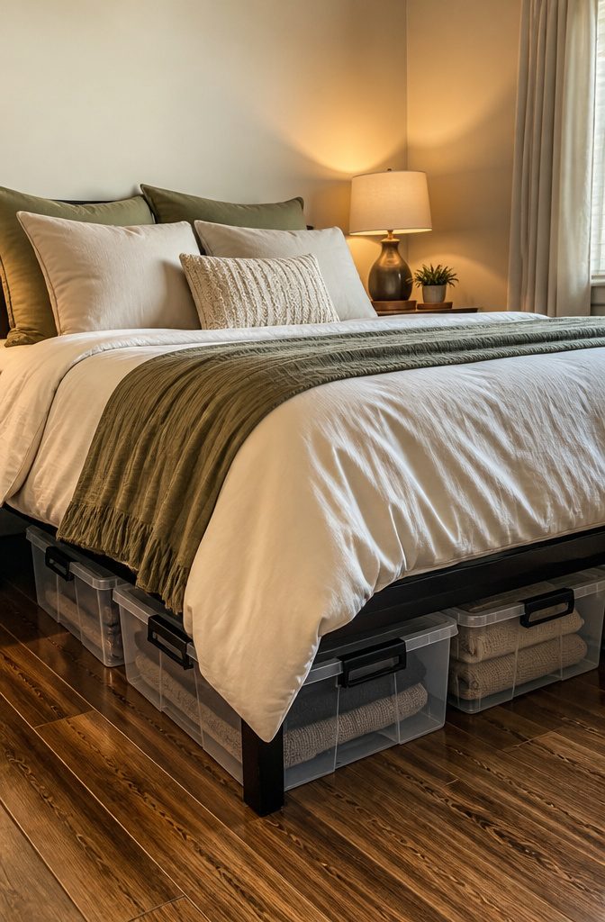 20 Small House Organization Ideas for a Tidier 2026 4 Flat, clear storage containers stored under a bed.