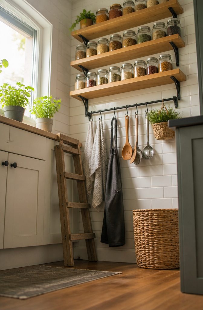 20 Small House Organization Ideas for a Tidier 2026 2 Floating shelves installed at arm level in a small space.
