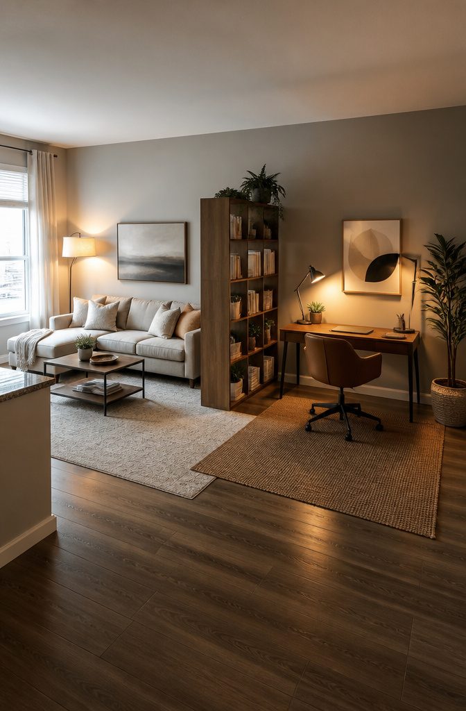 20 Small House Organization Ideas for a Tidier 2026 6 A living room area with a rug creating distinct zones.