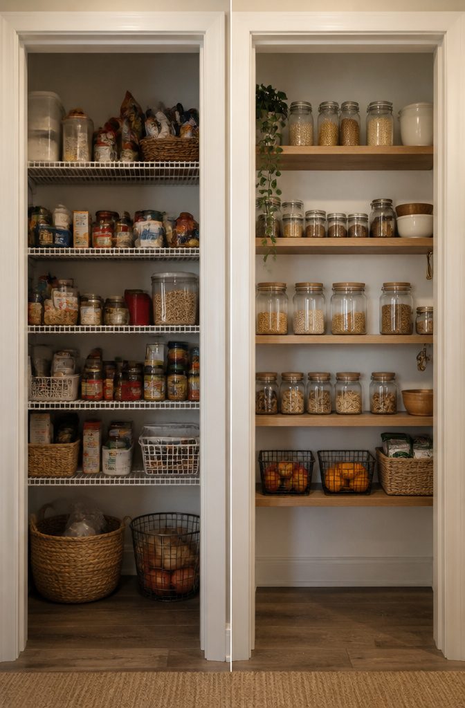 10 Small Pantry Ideas That Maximize Storage in Tight Kitchen Spaces 7 Shallow pantry shelves holding various jars and boxes.