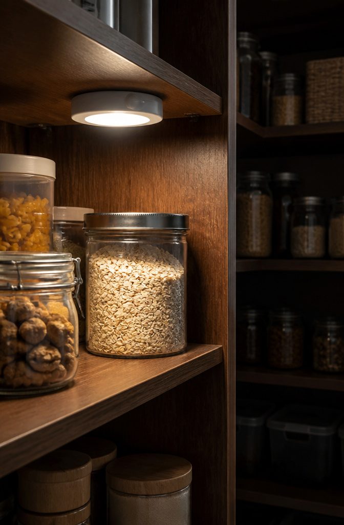 10 Small Pantry Ideas That Maximize Storage in Tight Kitchen Spaces 10 Rechargeable LED lights mounted inside a pantry.