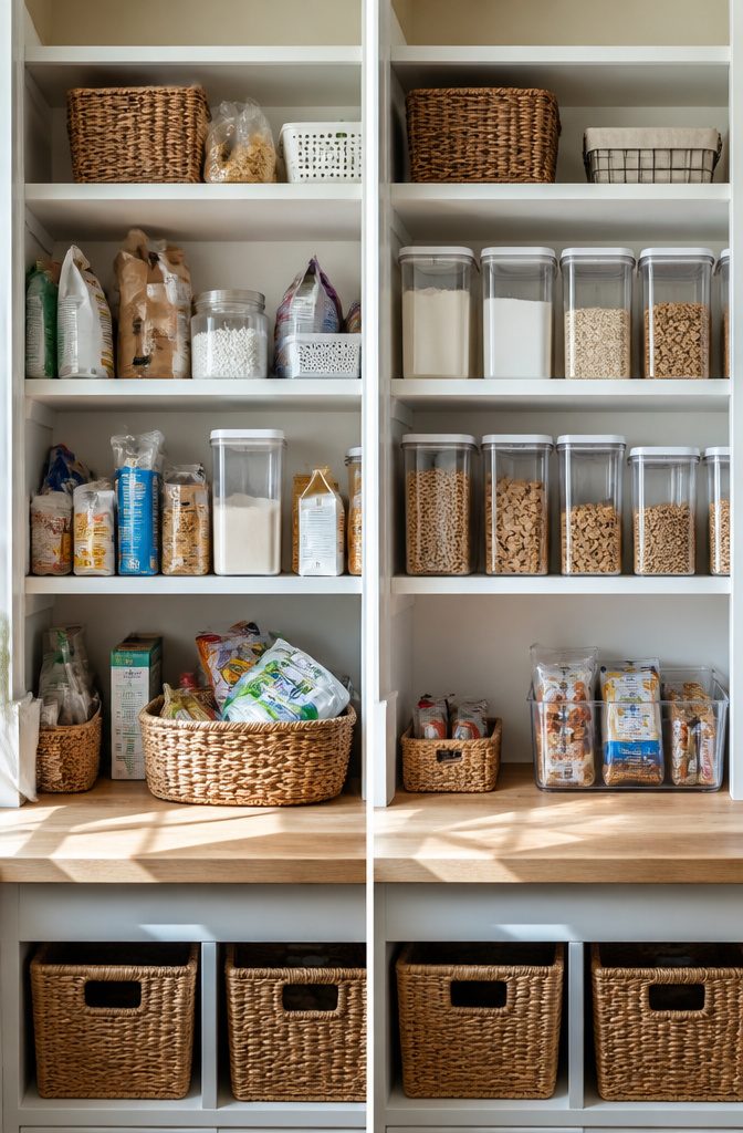 10 Small Pantry Ideas That Maximize Storage in Tight Kitchen Spaces 1 Clear containers holding flour, sugar, and snack bars on a shelf.