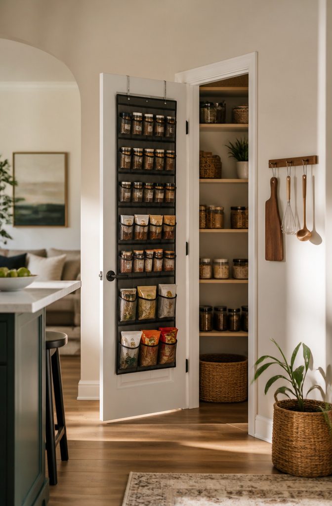 10 Small Pantry Ideas That Maximize Storage in Tight Kitchen Spaces 4 Over-the-door organizer holding spice jars and snack bags.