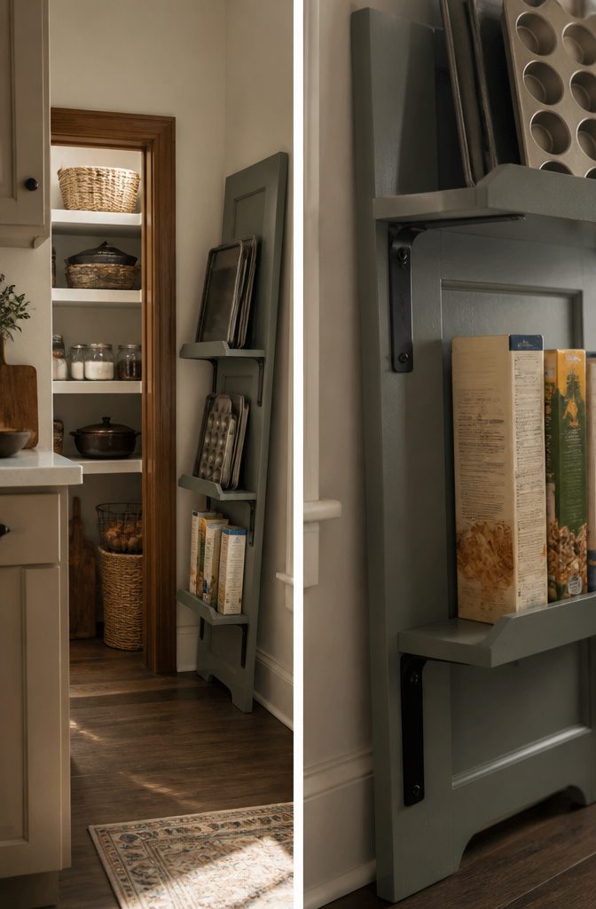 10 Small Pantry Ideas That Maximize Storage in Tight Kitchen Spaces 13 Narrow shelf made from a hollow-core door next to a refrigerator.