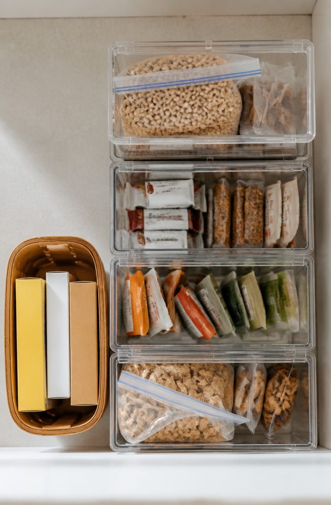 10 Small Pantry Ideas That Maximize Storage in Tight Kitchen Spaces 9 Stackable bins holding breakfast items and baking supplies.