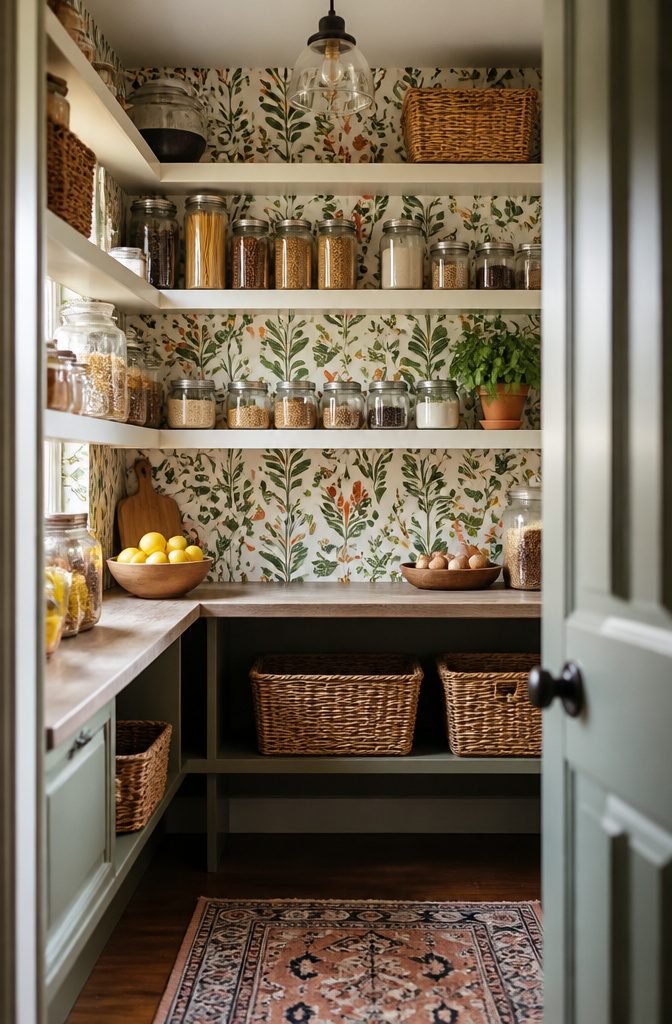 10 Small Pantry Ideas That Maximize Storage in Tight Kitchen Spaces 14 Botanical peel-and-stick wallpaper on the back wall of a pantry.
