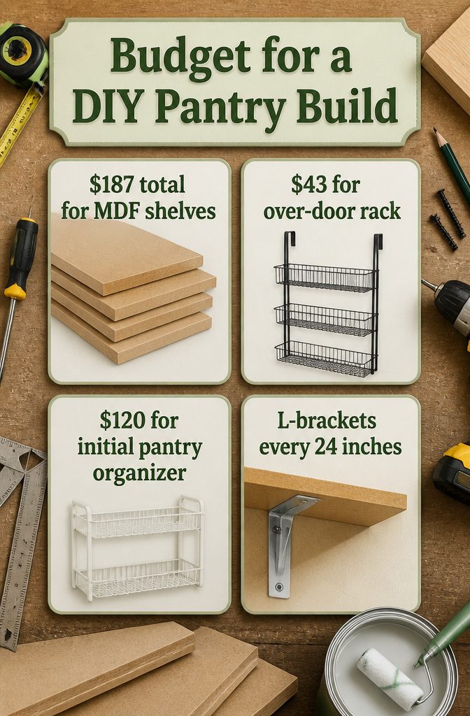 Information image detailing costs for a DIY pantry build with MDF.