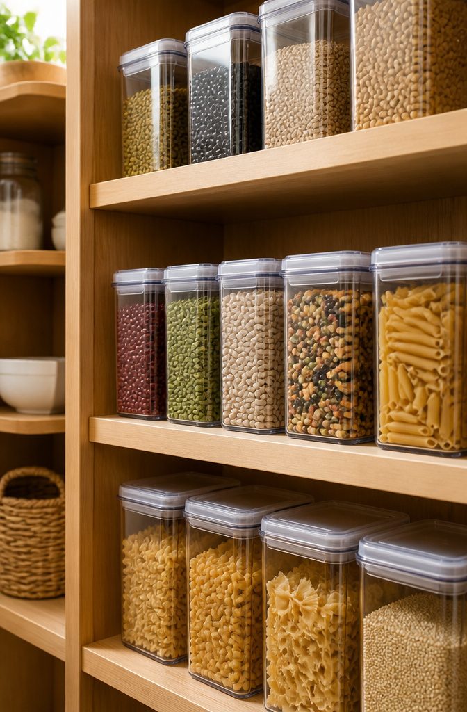 Clear containers filled with dried beans and pasta on pantry shelves.