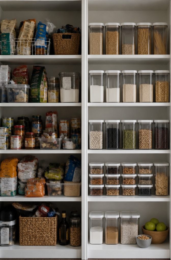 Airtight containers holding granola, nuts, and flour in a pantry.