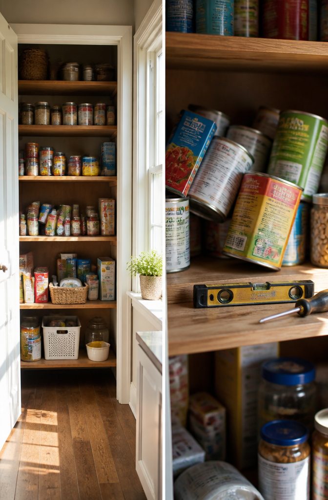 A person inspecting pantry shelves with a trash bag in hand.