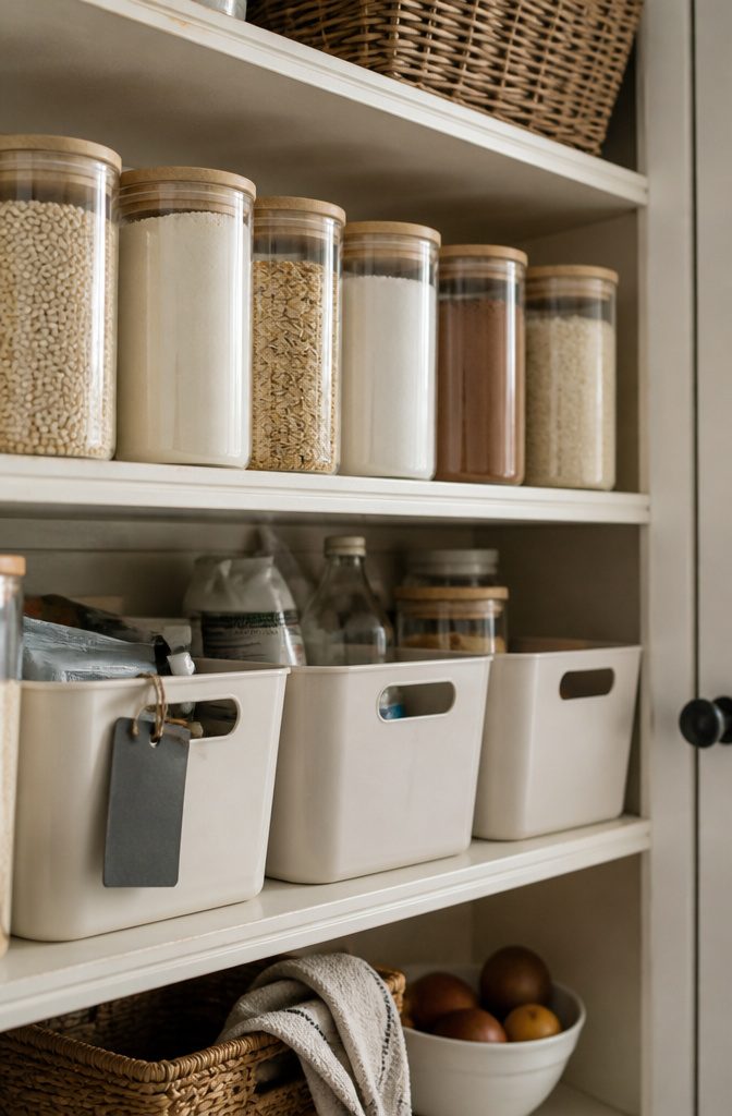 Close-up of labeled jars and bins on a well-organized pantry shelf.