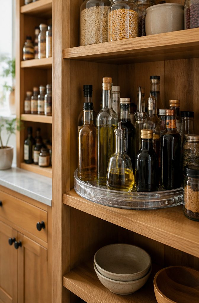 A Lazy Susan with oils and vinegars surrounded by jars on a pantry shelf.