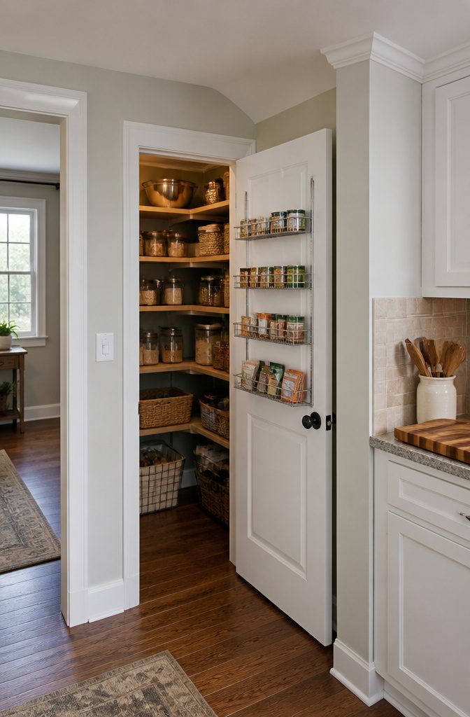 A wire shelf mounted on a pantry door holding small cans and packets.